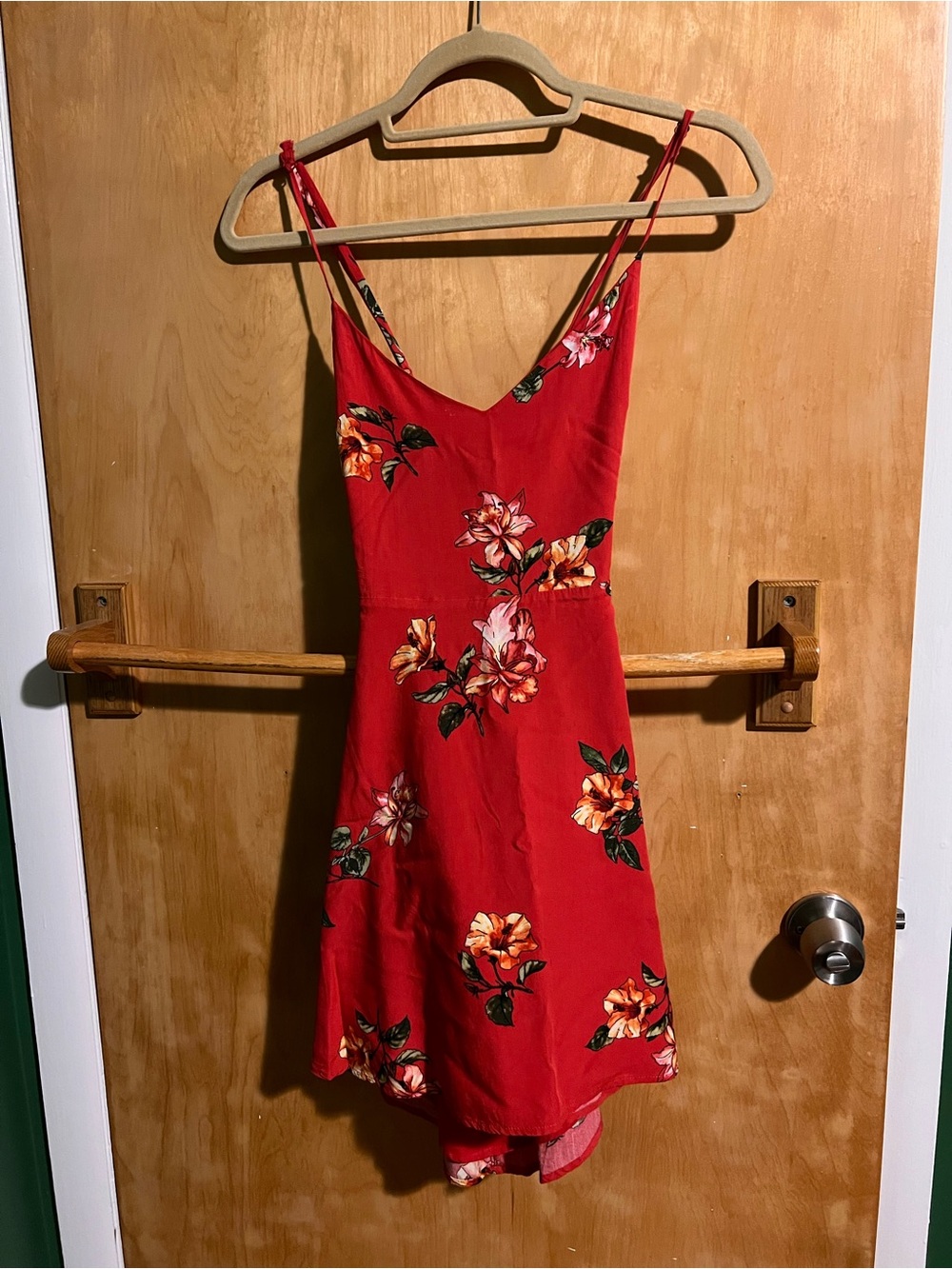 Forever 21 Red Floral Spaghetti-Strap Tie-Back Mini Dress
